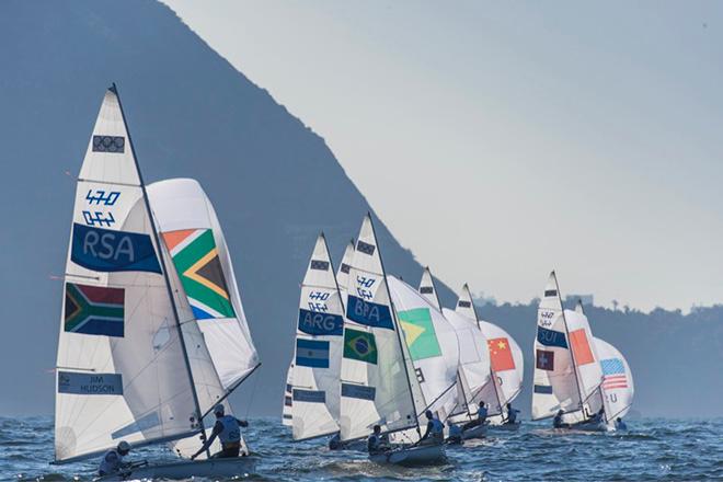 Men’s 470 action with Sugarloaf Mountain looming in the distance - 2016 Rio Olympic and Paralympic Games © Daniel Forster http://www.DanielForster.com